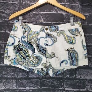 Fire Los Angeles Linen Blend Shorts Women 5 White Blue Paisley Boho Southwestern